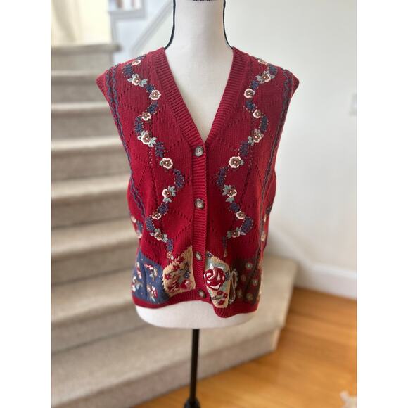 Vintage Susan Bristol Red Knit Embroidered Floral Paisley Sweater Vest 1995 - Picture 1 of 8